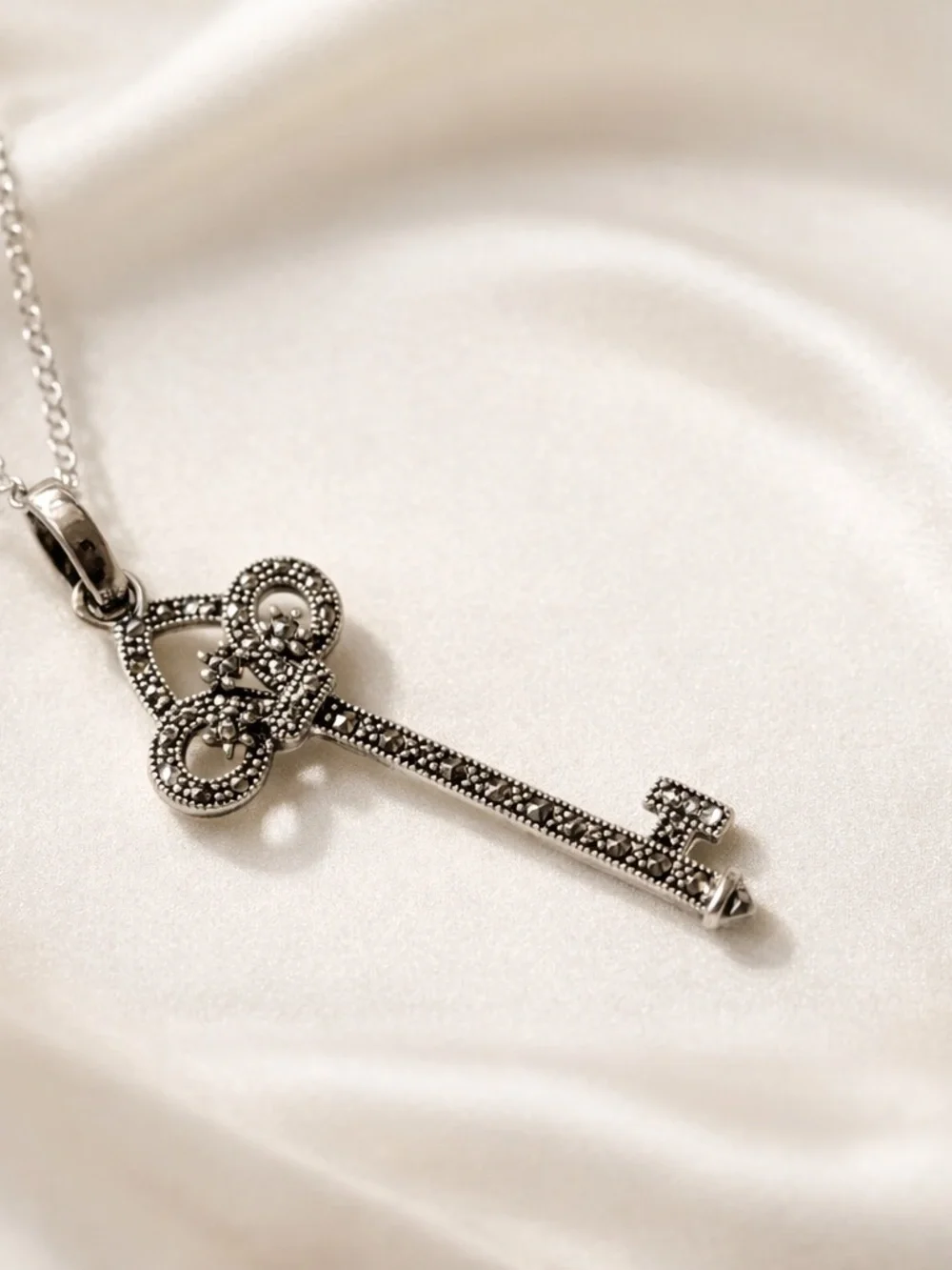 Vintage Sterling CFJ Marcasite Key Pendant with 18” 925 Silver Chain, 3.9 g.